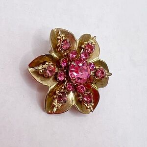 Vintage Pink Rhinestone Flower Brooch Gold Tone Floral Pin